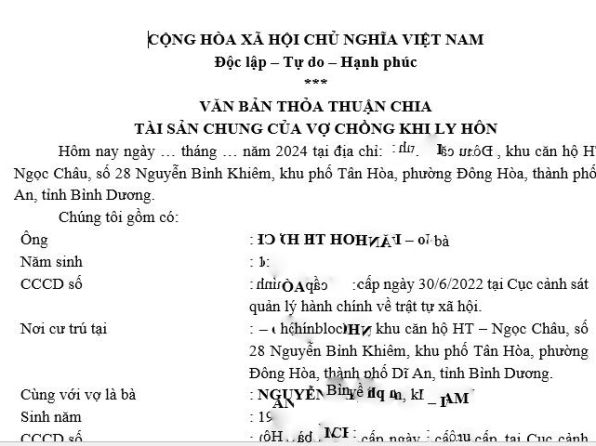 Mẫu thỏa thuận chia tài sản khi ly hôn tại Dĩ An